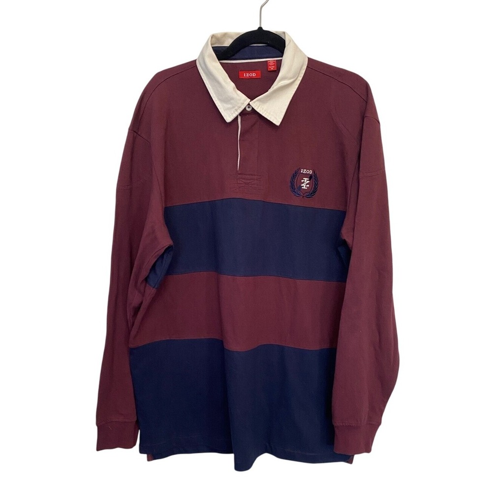 IZOD Rugby Varsity Long Sleeve Polo Shirt Burgundy & Blue Striped Crest LogoXL‎